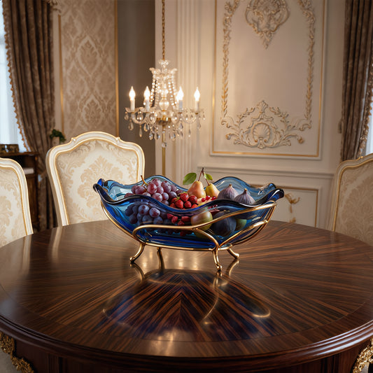 Sapphire Wave Hand-Blown Glass Centerpiece with Gold Filigree Base