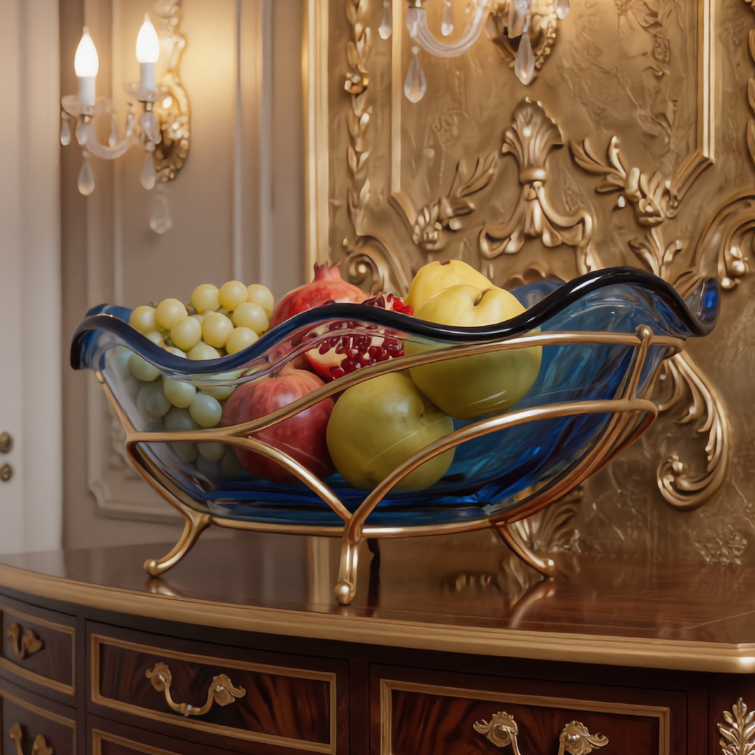 Sapphire Wave Hand-Blown Glass Centerpiece with Gold Filigree Base