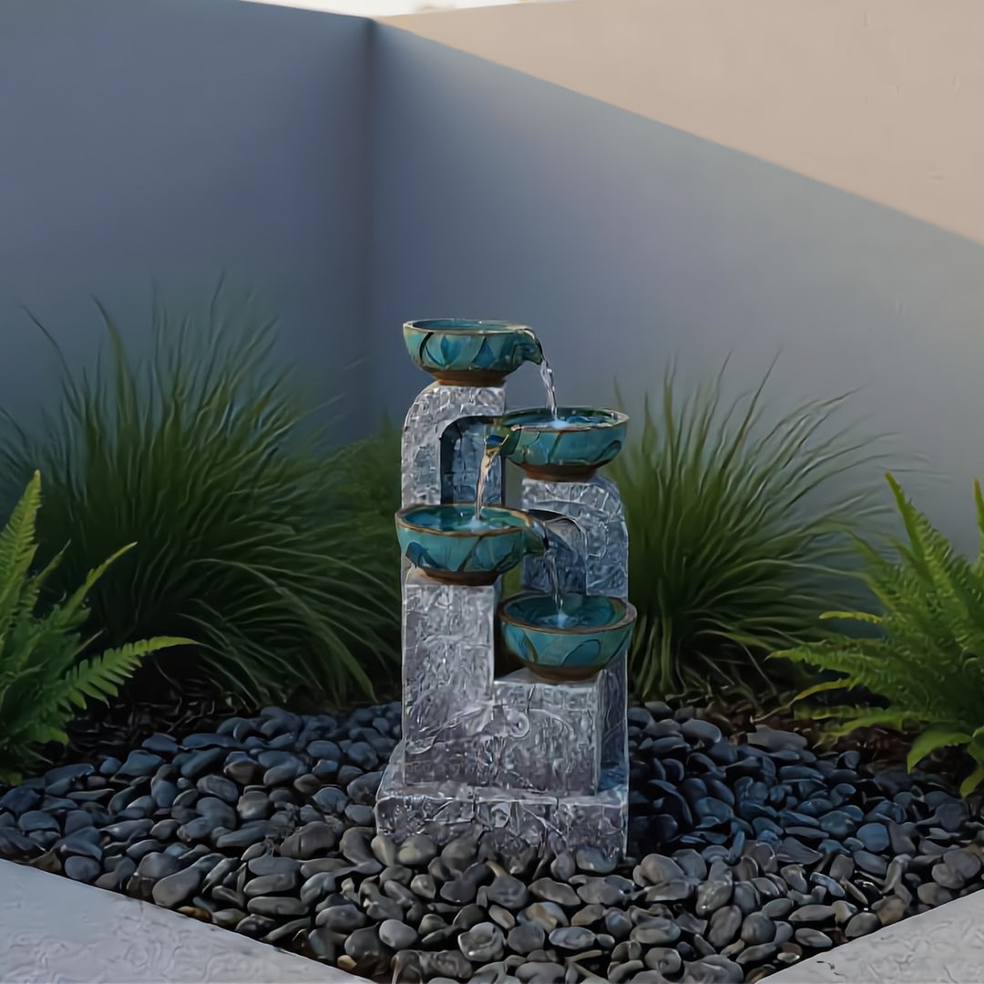Serene Cascade 4-Tier Illuminated Ceramic & Faux-Stone Water Fountain