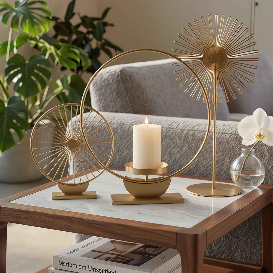 Solstice Gold Geometric Candelabra & Sculpture Trio