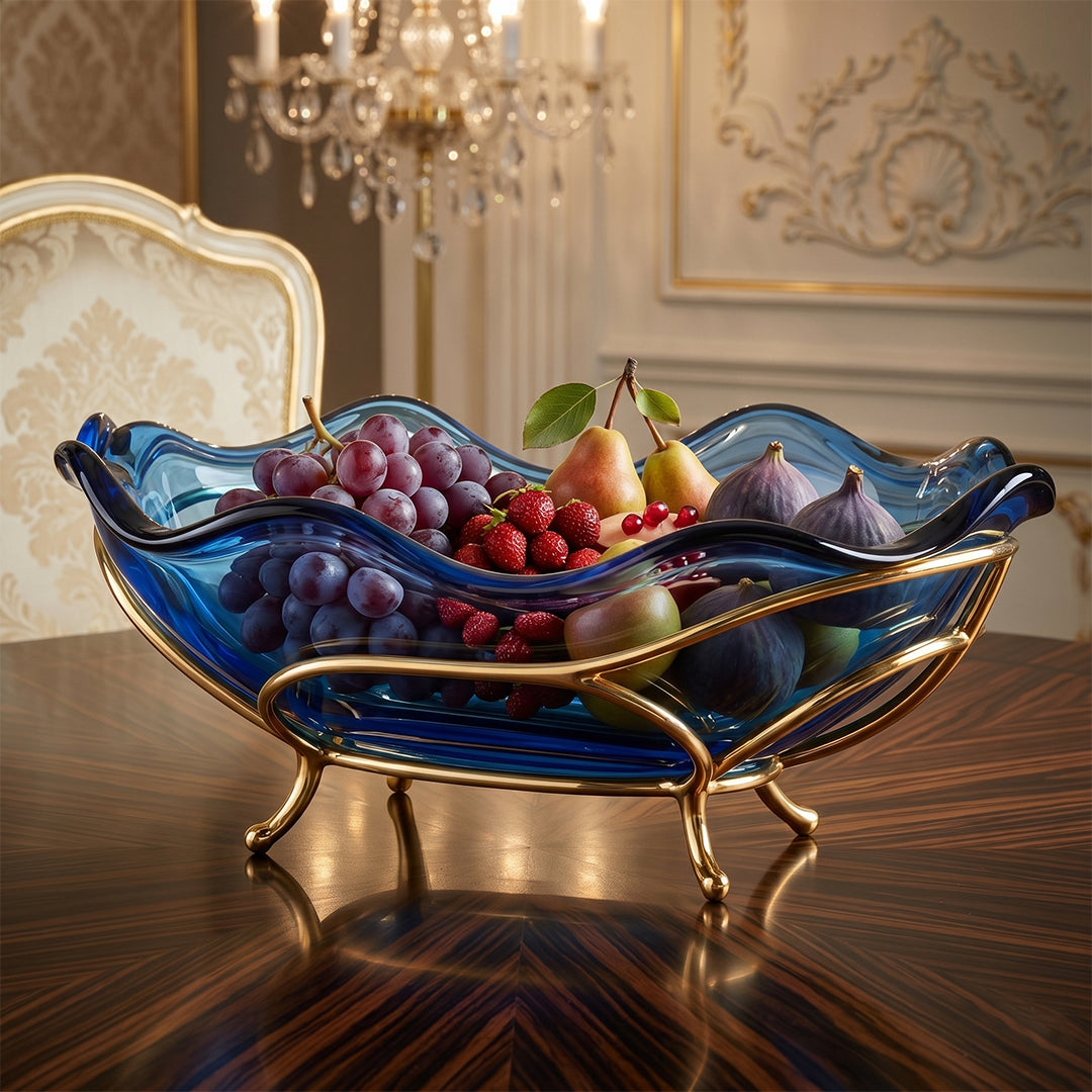Sapphire Wave Hand-Blown Glass Centerpiece with Gold Filigree Base