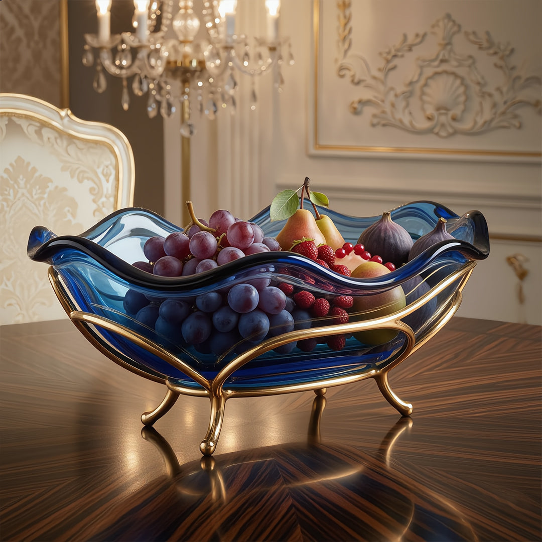 Sapphire Wave Hand-Blown Glass Centerpiece with Gold Filigree Base