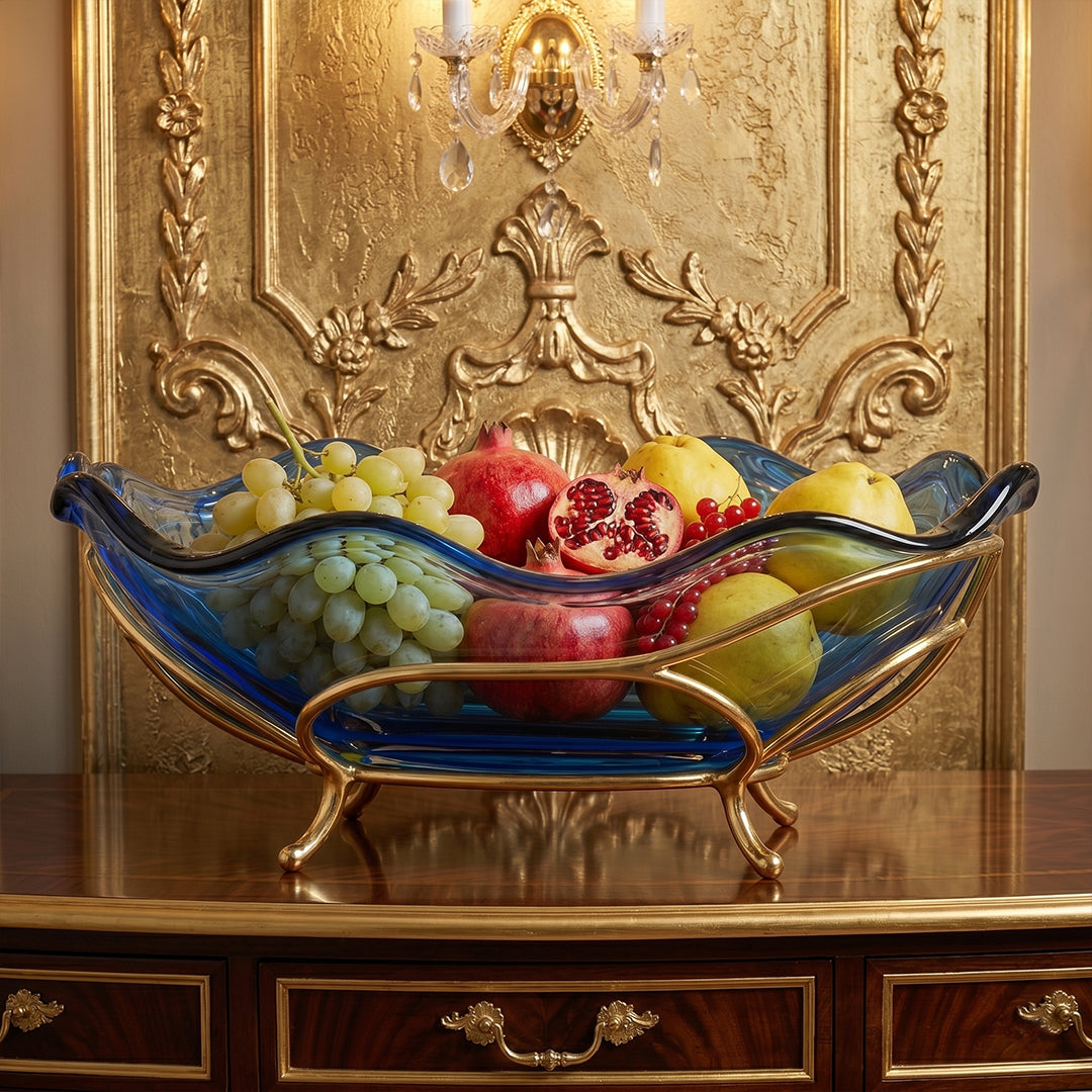 Sapphire Wave Hand-Blown Glass Centerpiece with Gold Filigree Base