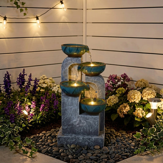 Serene Cascade 4-Tier Illuminated Ceramic & Faux-Stone Water Fountain