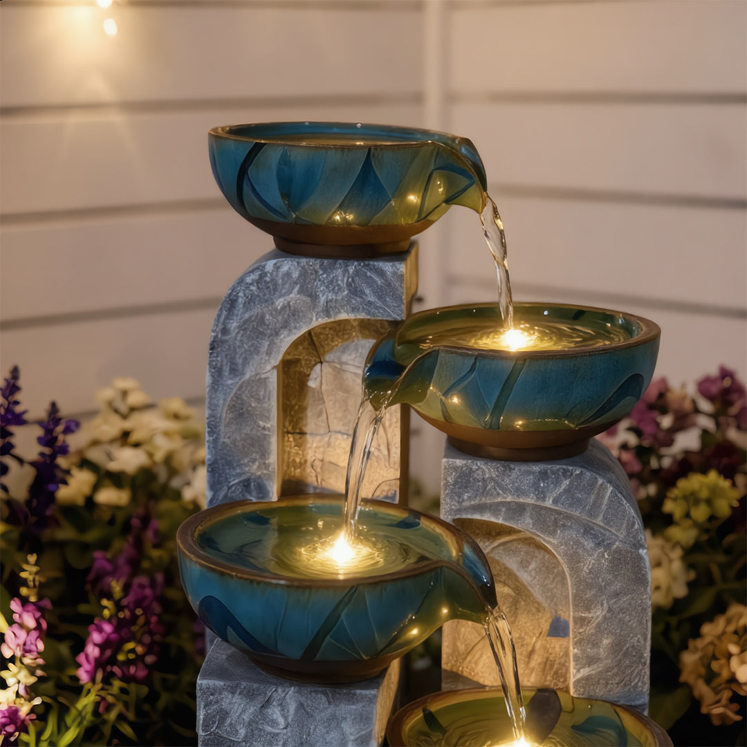 Serene Cascade 4-Tier Illuminated Ceramic & Faux-Stone Water Fountain