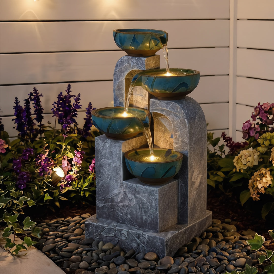 Serene Cascade 4-Tier Illuminated Ceramic & Faux-Stone Water Fountain