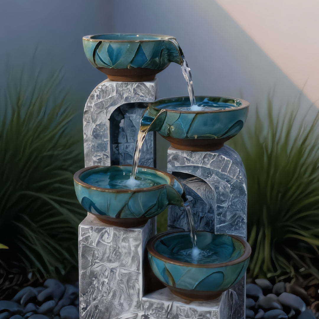 Serene Cascade 4-Tier Illuminated Ceramic & Faux-Stone Water Fountain