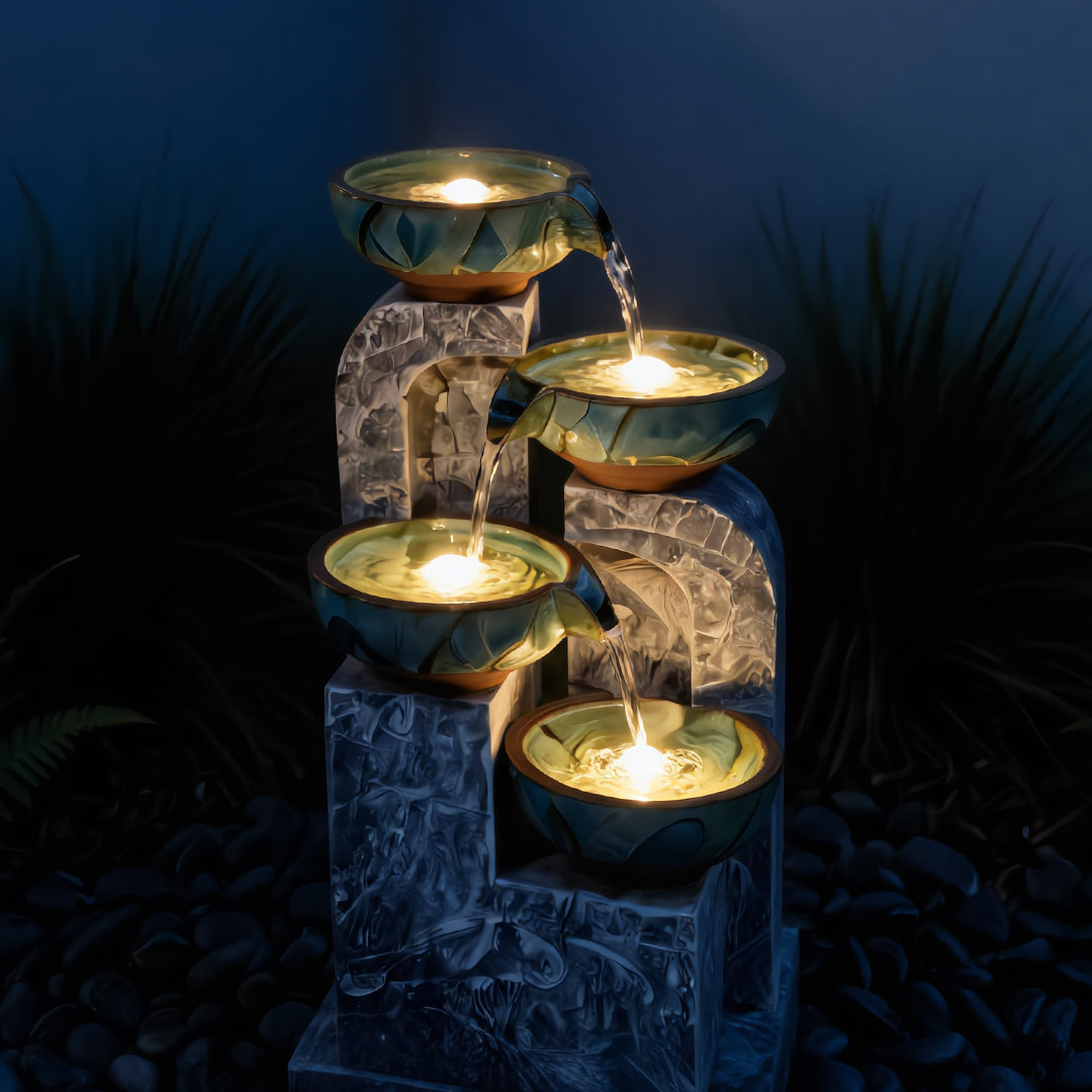 Serene Cascade 4-Tier Illuminated Ceramic & Faux-Stone Water Fountain