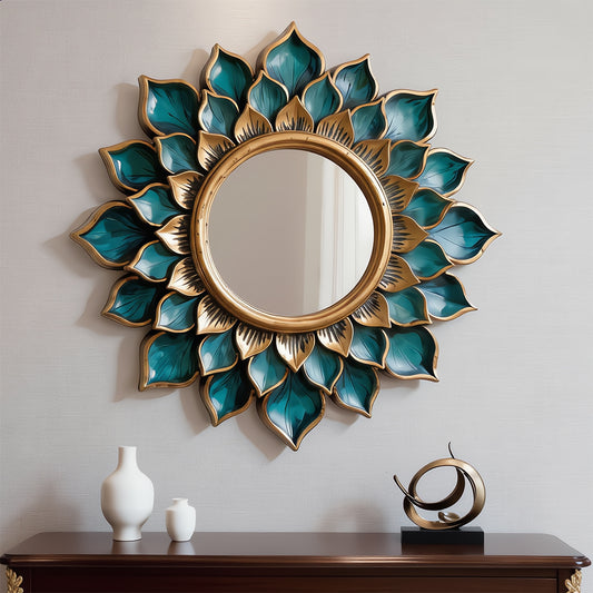 Lotus Bloom Teal & Gold Sunburst Mirror