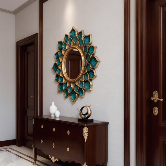 Lotus Bloom Teal & Gold Sunburst Mirror