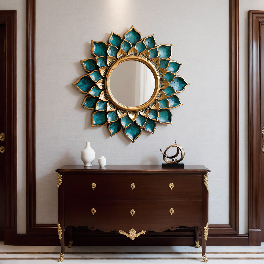 Lotus Bloom Teal & Gold Sunburst Mirror