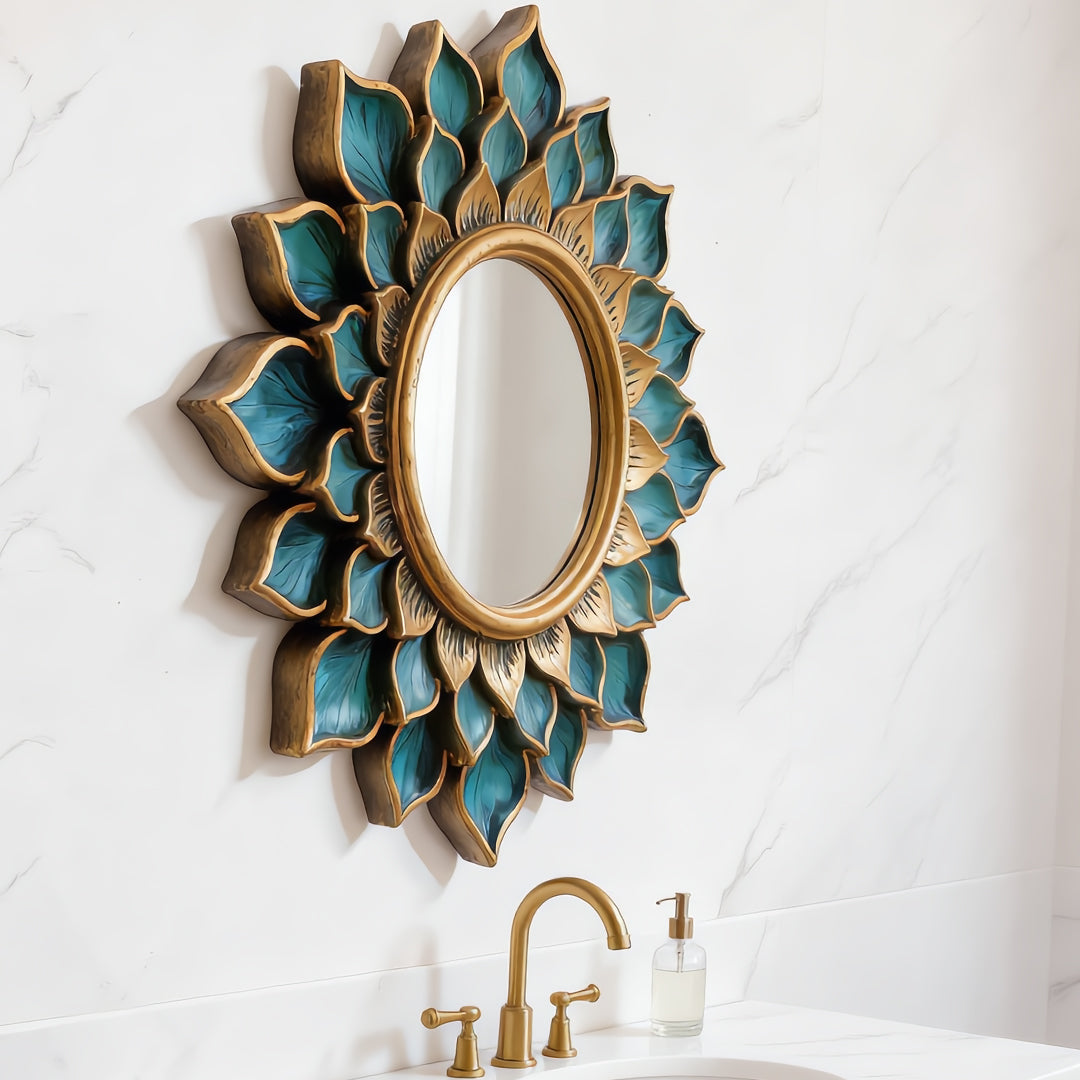 Lotus Bloom Teal & Gold Sunburst Mirror