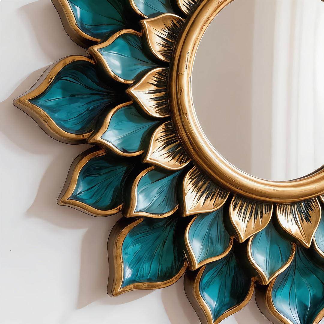 Lotus Bloom Teal & Gold Sunburst Mirror