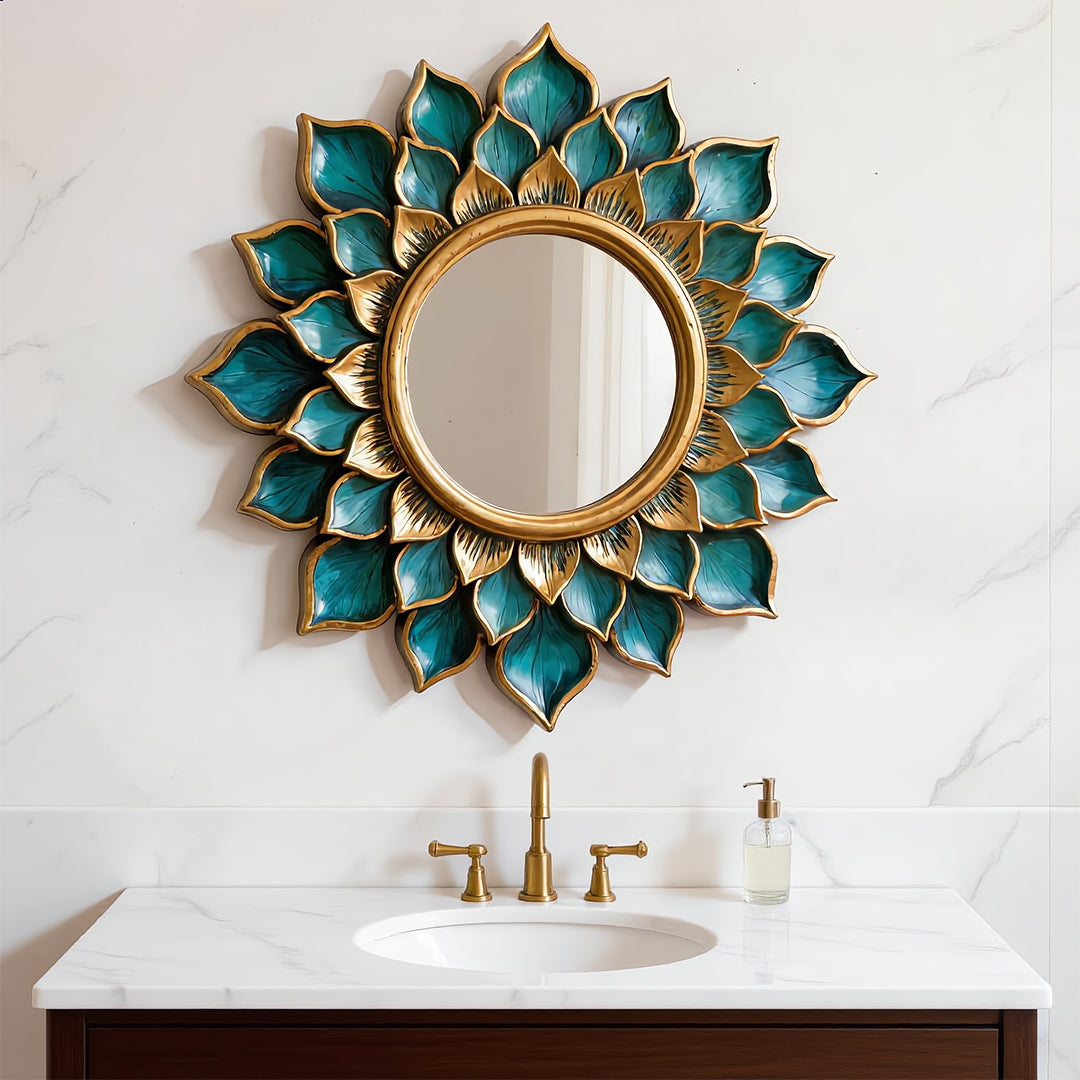 Lotus Bloom Teal & Gold Sunburst Mirror